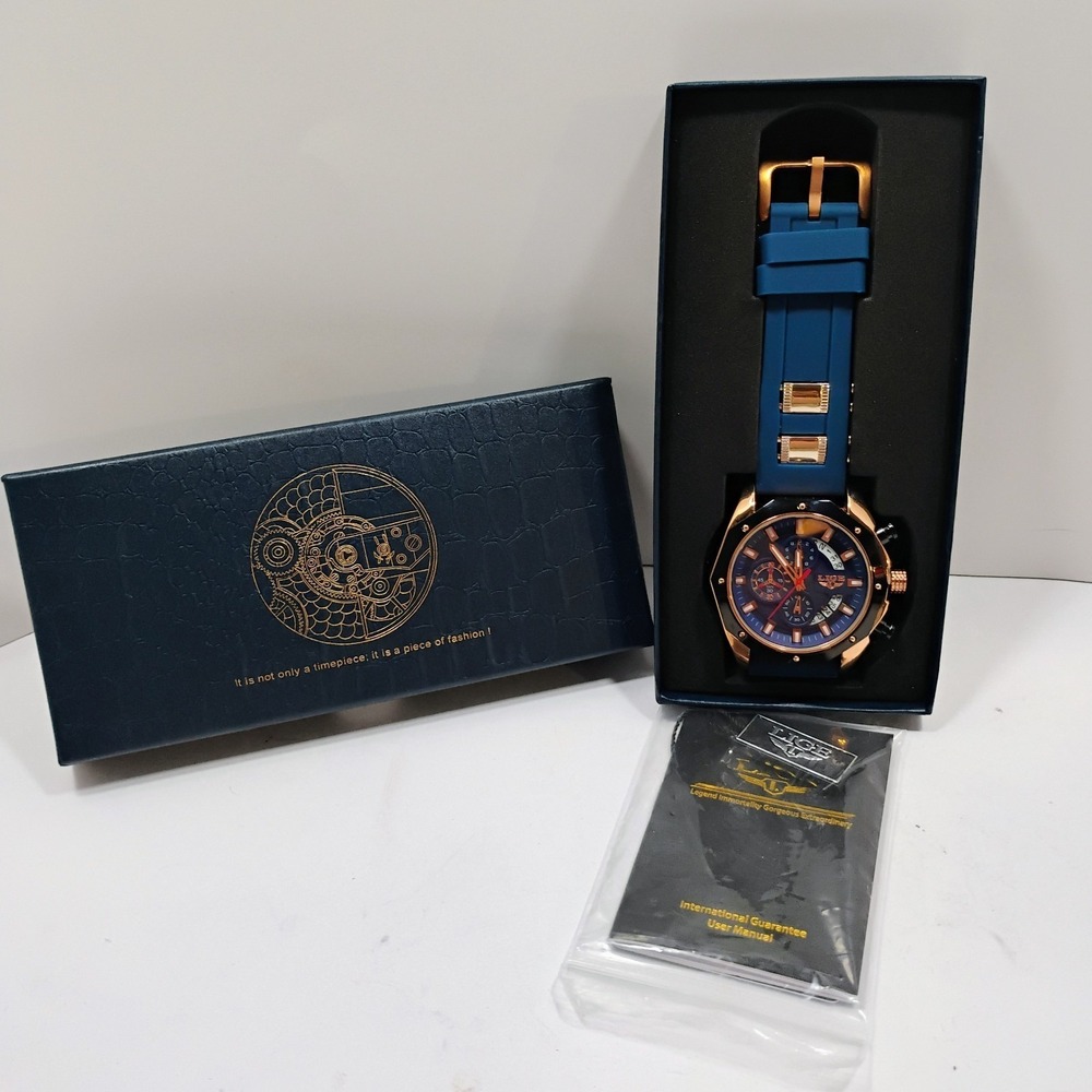 Lige Men's Quartz Chronograph Blue/Gold Wrist Watch Box & Papers